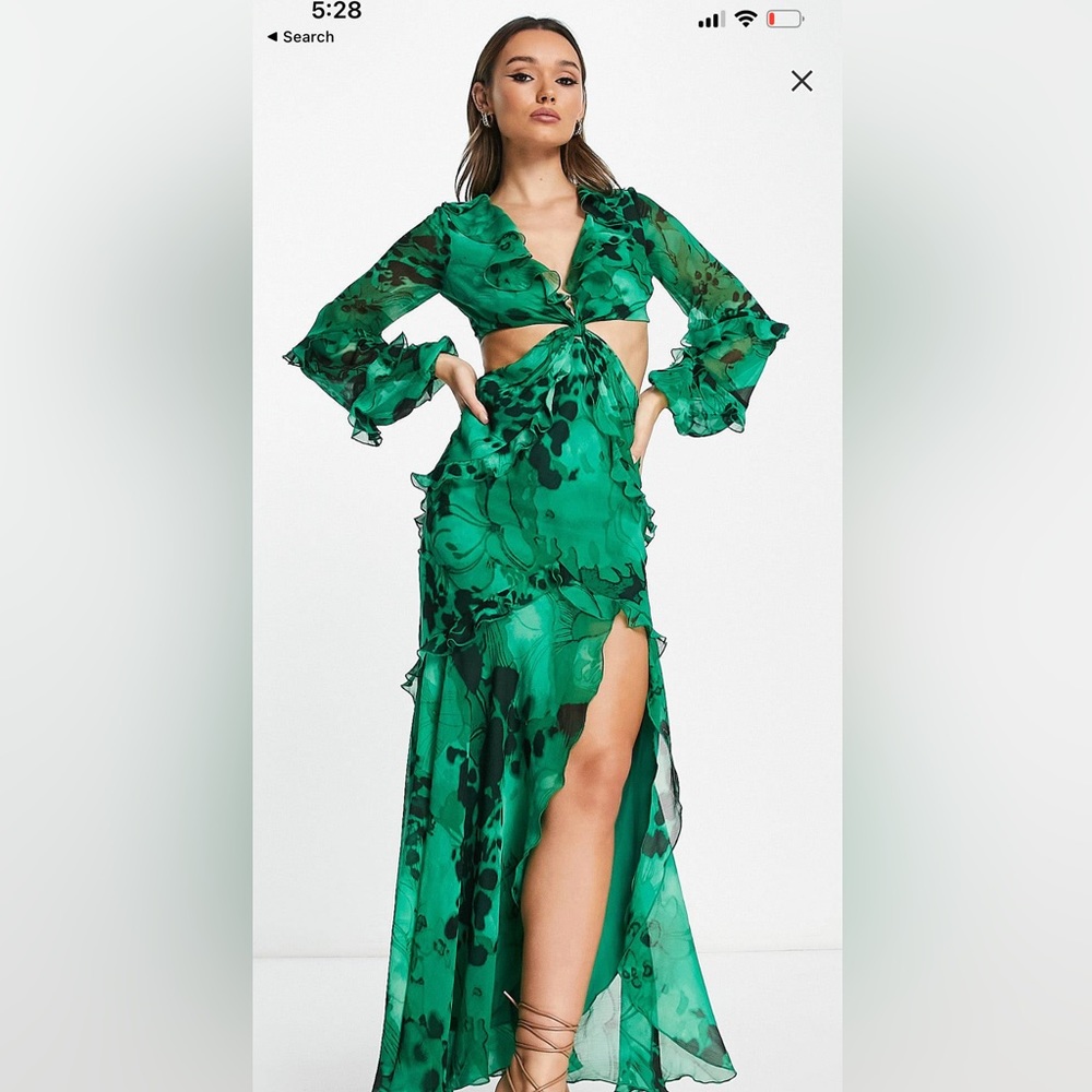 Asos design twist cut out maxi dress with ruffle detail in green